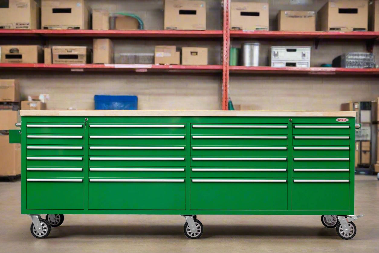 8FT Fatboy industrial tool bench with drawers and USB ports
Heavy-duty 24-drawer tool bench with stainless steel finish
Workshop organization tool bench with hardwood top
Mobile workbench with caster wheels and lockable drawers