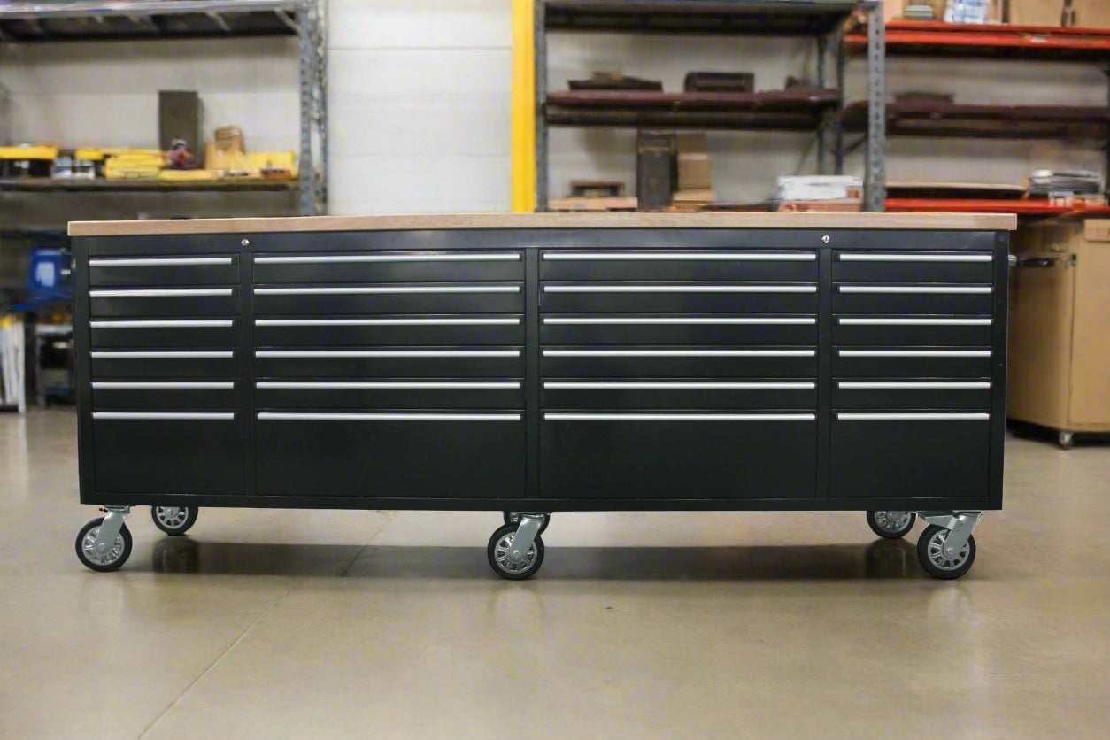 8FT Fatboy industrial tool bench with drawers and USB ports
Heavy-duty 24-drawer tool bench with stainless steel finish
Workshop organization tool bench with hardwood top
Mobile workbench with caster wheels and lockable drawers