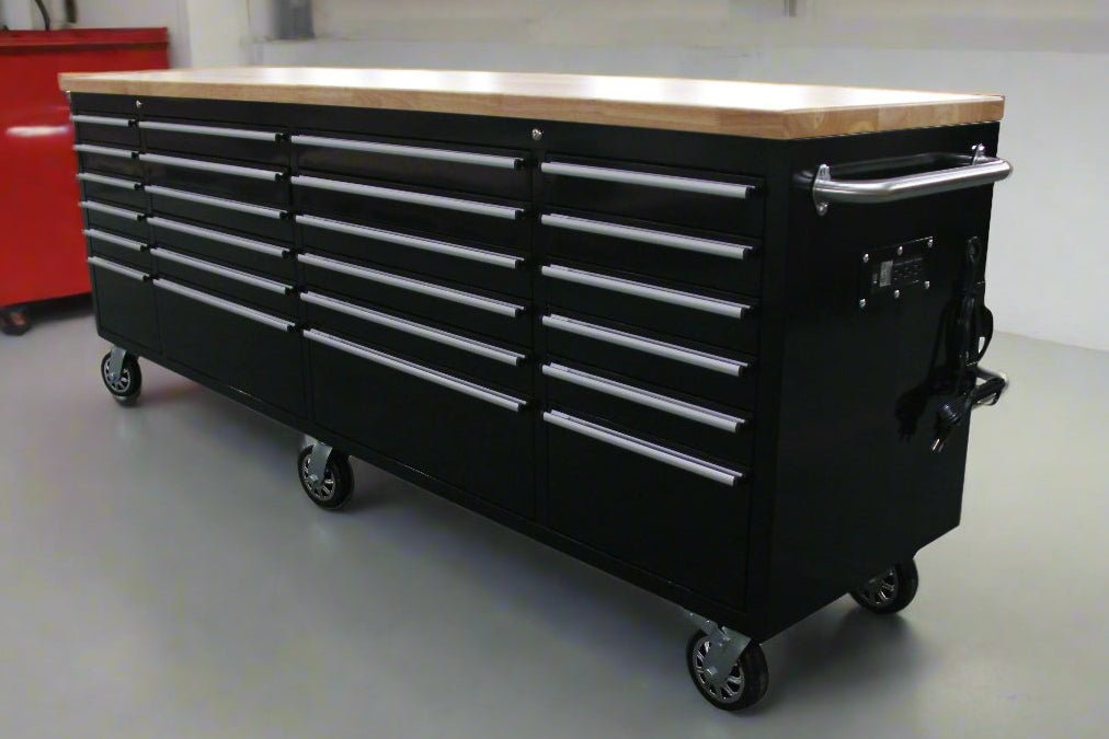 8FT Fatboy industrial tool bench with drawers and USB ports
Heavy-duty 24-drawer tool bench with stainless steel finish
Workshop organization tool bench with hardwood top
Mobile workbench with caster wheels and lockable drawers