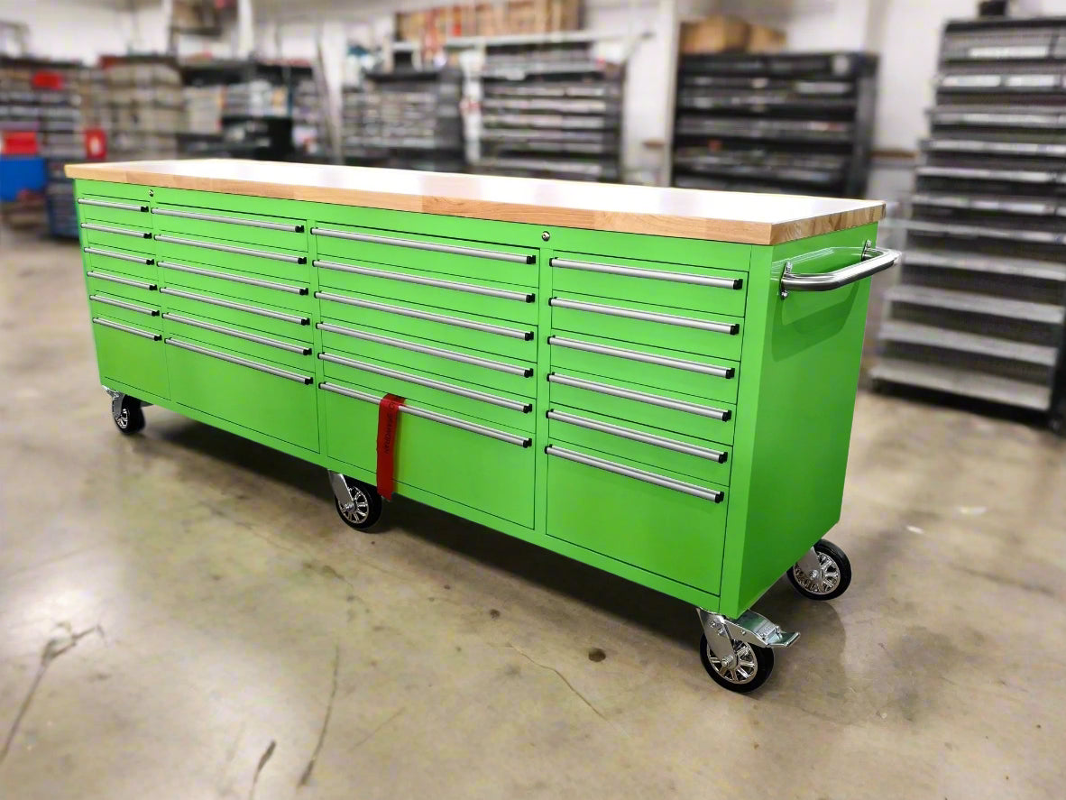 8FT Fatboy industrial tool bench with drawers and USB ports
Heavy-duty 24-drawer tool bench with stainless steel finish
Workshop organization tool bench with hardwood top
Mobile workbench with caster wheels and lockable drawers