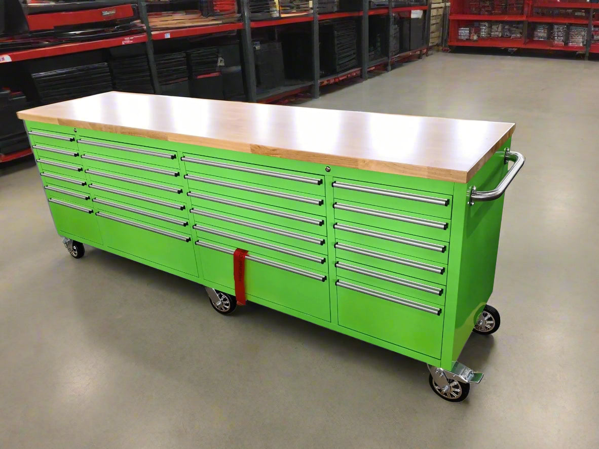 8FT Fatboy industrial tool bench with drawers and USB ports
Heavy-duty 24-drawer tool bench with stainless steel finish
Workshop organization tool bench with hardwood top
Mobile workbench with caster wheels and lockable drawers