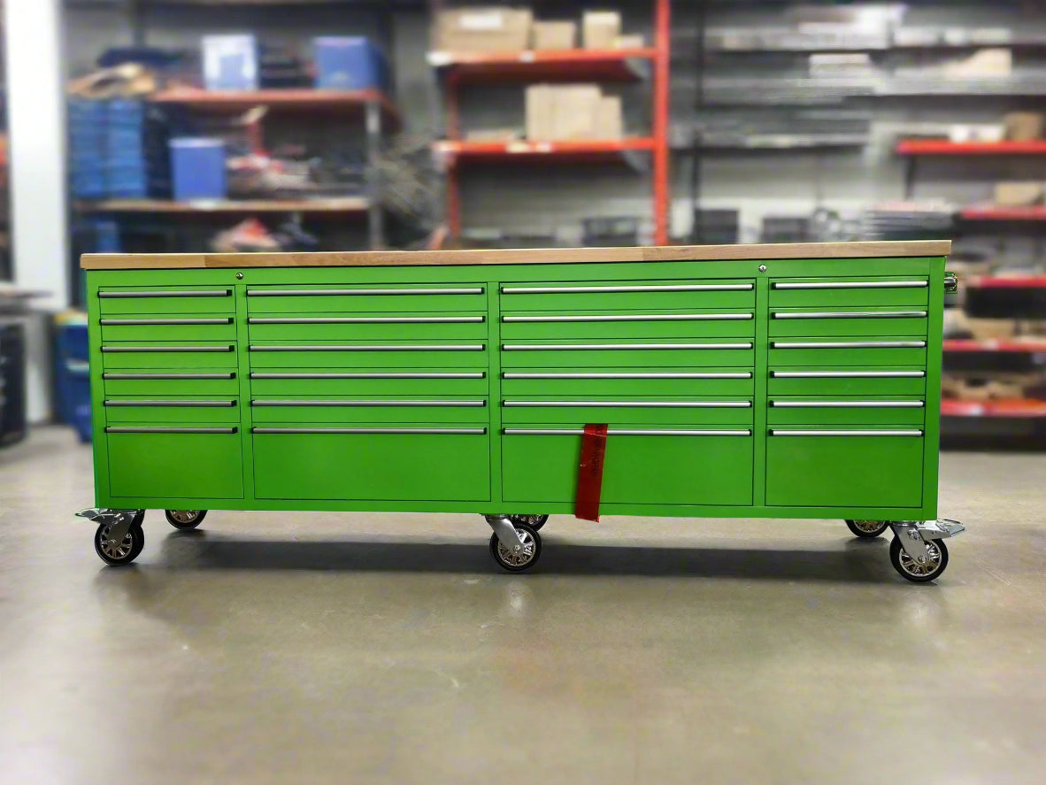 8FT Fatboy industrial tool bench with drawers and USB ports
Heavy-duty 24-drawer tool bench with stainless steel finish
Workshop organization tool bench with hardwood top
Mobile workbench with caster wheels and lockable drawers