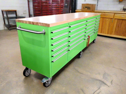 8FT Fatboy industrial tool bench with drawers and USB ports
Heavy-duty 24-drawer tool bench with stainless steel finish
Workshop organization tool bench with hardwood top
Mobile workbench with caster wheels and lockable drawers