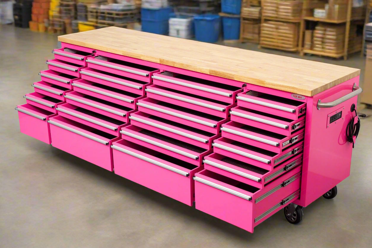 8FT Fatboy industrial tool bench with drawers and USB ports
Heavy-duty 24-drawer tool bench with stainless steel finish
Workshop organization tool bench with hardwood top
Mobile workbench with caster wheels and lockable drawers