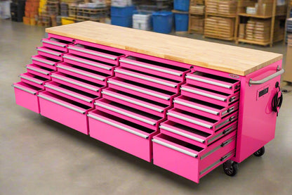 8FT Fatboy industrial tool bench with drawers and USB ports
Heavy-duty 24-drawer tool bench with stainless steel finish
Workshop organization tool bench with hardwood top
Mobile workbench with caster wheels and lockable drawers