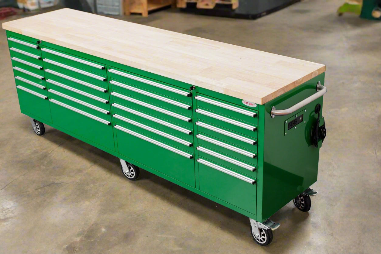 8FT Fatboy industrial tool bench with drawers and USB ports
Heavy-duty 24-drawer tool bench with stainless steel finish
Workshop organization tool bench with hardwood top
Mobile workbench with caster wheels and lockable drawers