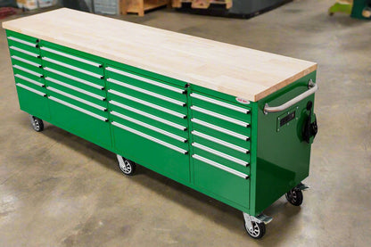 8FT Fatboy industrial tool bench with drawers and USB ports
Heavy-duty 24-drawer tool bench with stainless steel finish
Workshop organization tool bench with hardwood top
Mobile workbench with caster wheels and lockable drawers
