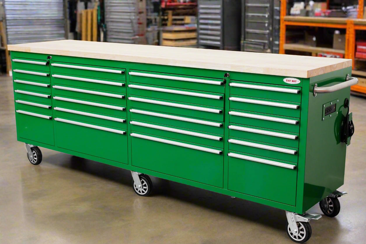 8FT Fatboy industrial tool bench with drawers and USB ports
Heavy-duty 24-drawer tool bench with stainless steel finish
Workshop organization tool bench with hardwood top
Mobile workbench with caster wheels and lockable drawers