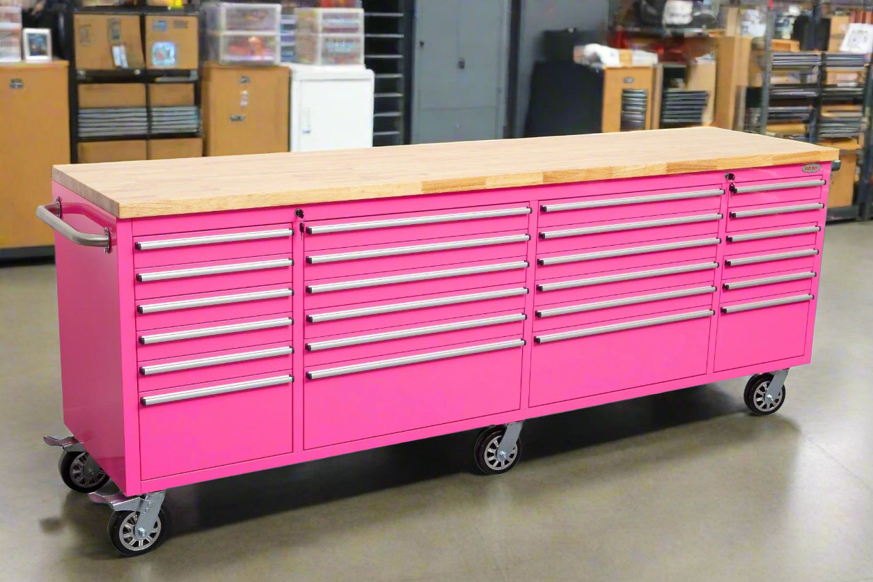 8FT Fatboy industrial tool bench with drawers and USB ports
Heavy-duty 24-drawer tool bench with stainless steel finish
Workshop organization tool bench with hardwood top
Mobile workbench with caster wheels and lockable drawers
