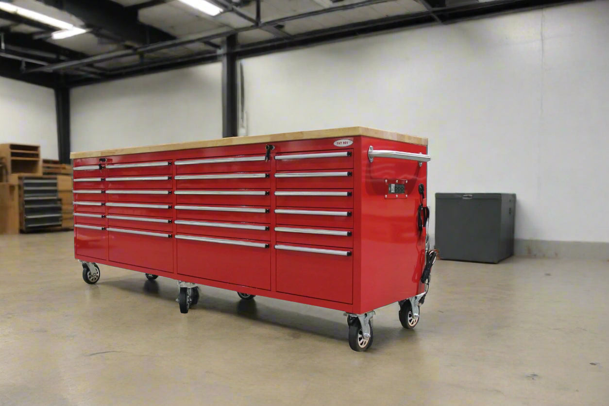 8FT Fatboy industrial tool bench with drawers and USB ports
Heavy-duty 24-drawer tool bench with stainless steel finish
Workshop organization tool bench with hardwood top
Mobile workbench with caster wheels and lockable drawers