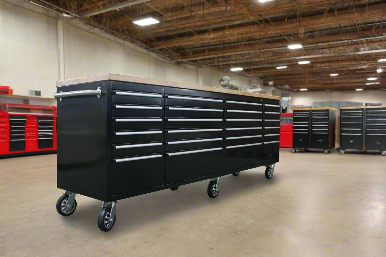 8FT Fatboy industrial tool bench with drawers and USB ports
Heavy-duty 24-drawer tool bench with stainless steel finish
Workshop organization tool bench with hardwood top
Mobile workbench with caster wheels and lockable drawers