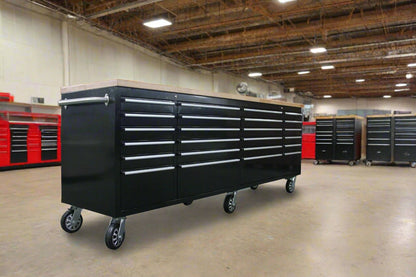 8FT Fatboy industrial tool bench with drawers and USB ports
Heavy-duty 24-drawer tool bench with stainless steel finish
Workshop organization tool bench with hardwood top
Mobile workbench with caster wheels and lockable drawers