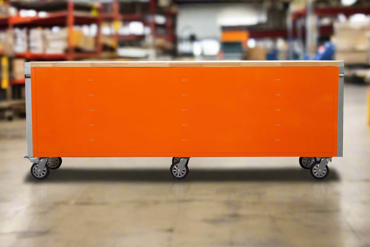 8FT Fatboy industrial tool bench with drawers and USB ports
Heavy-duty 24-drawer tool bench with stainless steel finish
Workshop organization tool bench with hardwood top
Mobile workbench with caster wheels and lockable drawers