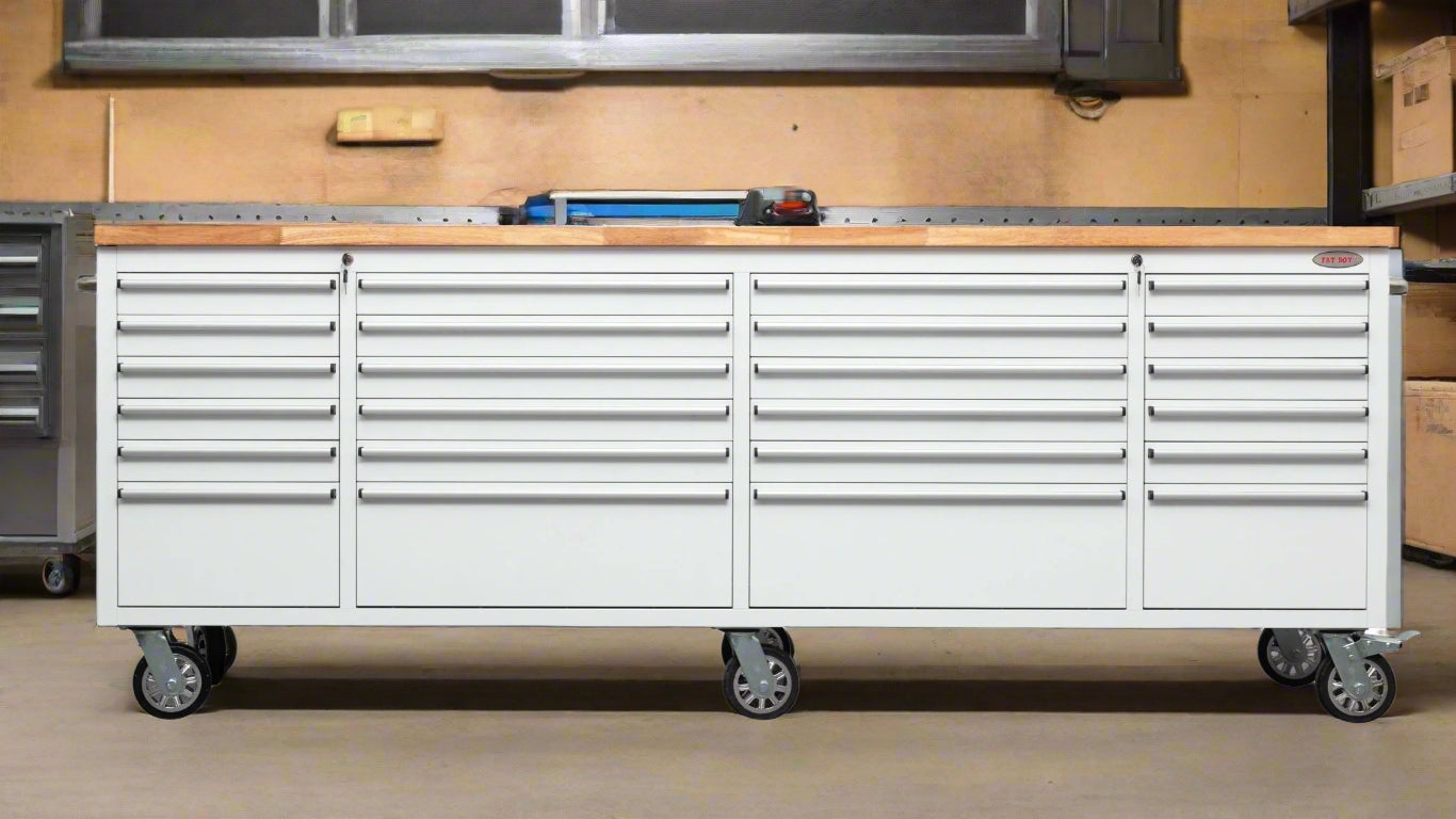 8FT Fatboy industrial tool bench with drawers and USB ports
Heavy-duty 24-drawer tool bench with stainless steel finish
Workshop organization tool bench with hardwood top
Mobile workbench with caster wheels and lockable drawers