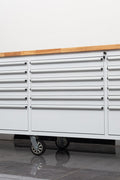 8FT Fatboy industrial tool bench with drawers and USB ports
Heavy-duty 24-drawer tool bench with stainless steel finish
Workshop organization tool bench with hardwood top
Mobile workbench with caster wheels and lockable drawers