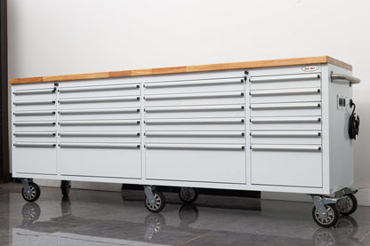 8FT Fatboy industrial tool bench with drawers and USB ports
Heavy-duty 24-drawer tool bench with stainless steel finish
Workshop organization tool bench with hardwood top
Mobile workbench with caster wheels and lockable drawers