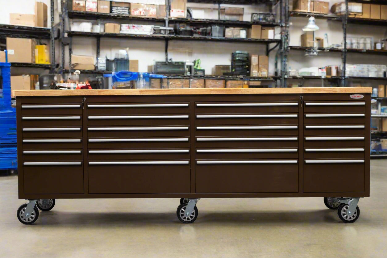 8FT Fatboy industrial tool bench with drawers and USB ports
Heavy-duty 24-drawer tool bench with stainless steel finish
Workshop organization tool bench with hardwood top
Mobile workbench with caster wheels and lockable drawers