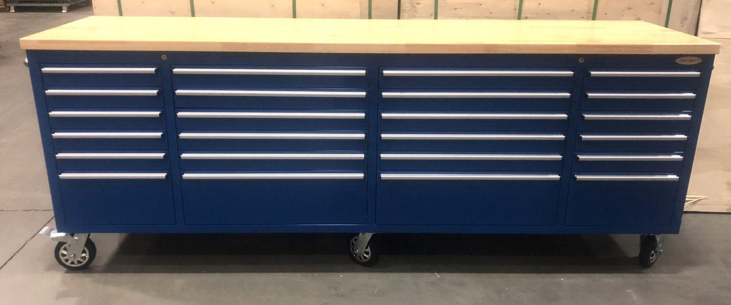 8FT Fatboy industrial tool bench with drawers and USB ports
Heavy-duty 24-drawer tool bench with stainless steel finish
Workshop organization tool bench with hardwood top
Mobile workbench with caster wheels and lockable drawers