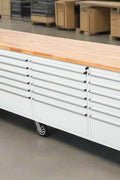 8FT Fatboy industrial tool bench with drawers and USB ports
Heavy-duty 24-drawer tool bench with stainless steel finish
Workshop organization tool bench with hardwood top
Mobile workbench with caster wheels and lockable drawers