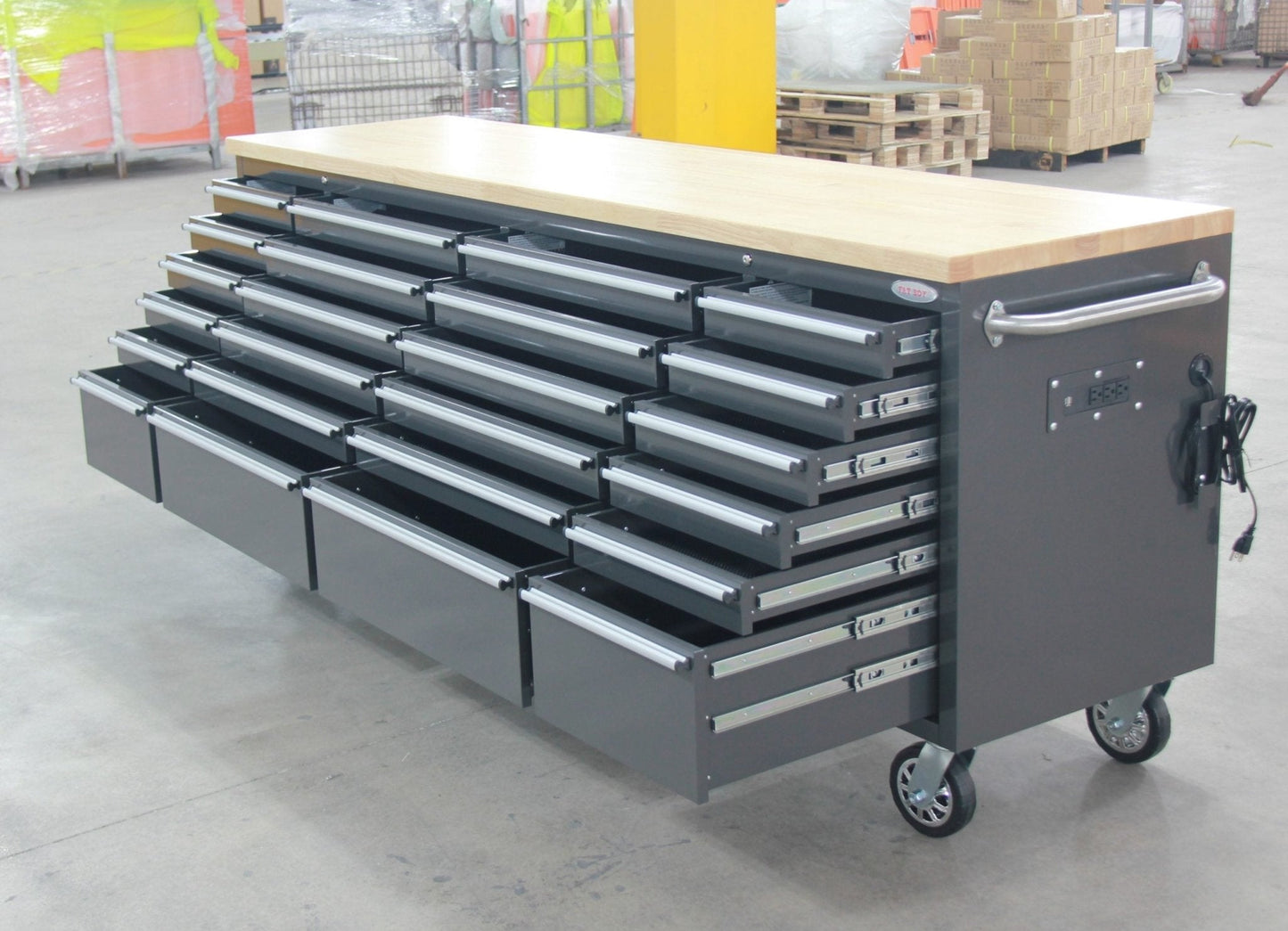 8FT Fatboy industrial tool bench with drawers and USB ports
Heavy-duty 24-drawer tool bench with stainless steel finish
Workshop organization tool bench with hardwood top
Mobile workbench with caster wheels and lockable drawers