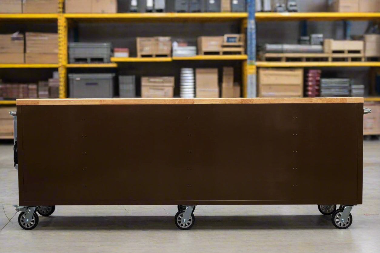 8FT Fatboy industrial tool bench with drawers and USB ports
Heavy-duty 24-drawer tool bench with stainless steel finish
Workshop organization tool bench with hardwood top
Mobile workbench with caster wheels and lockable drawers