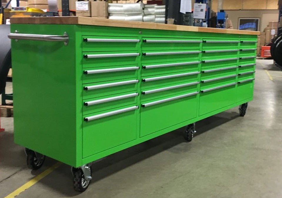 8FT Fatboy industrial tool bench with drawers and USB ports
Heavy-duty 24-drawer tool bench with stainless steel finish
Workshop organization tool bench with hardwood top
Mobile workbench with caster wheels and lockable drawers