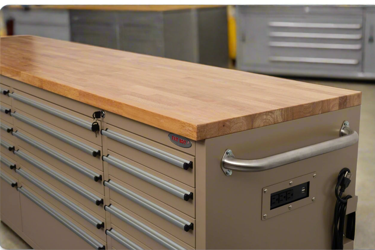 8FT Fatboy industrial tool bench with drawers and USB ports
Heavy-duty 24-drawer tool bench with stainless steel finish
Workshop organization tool bench with hardwood top
Mobile workbench with caster wheels and lockable drawers