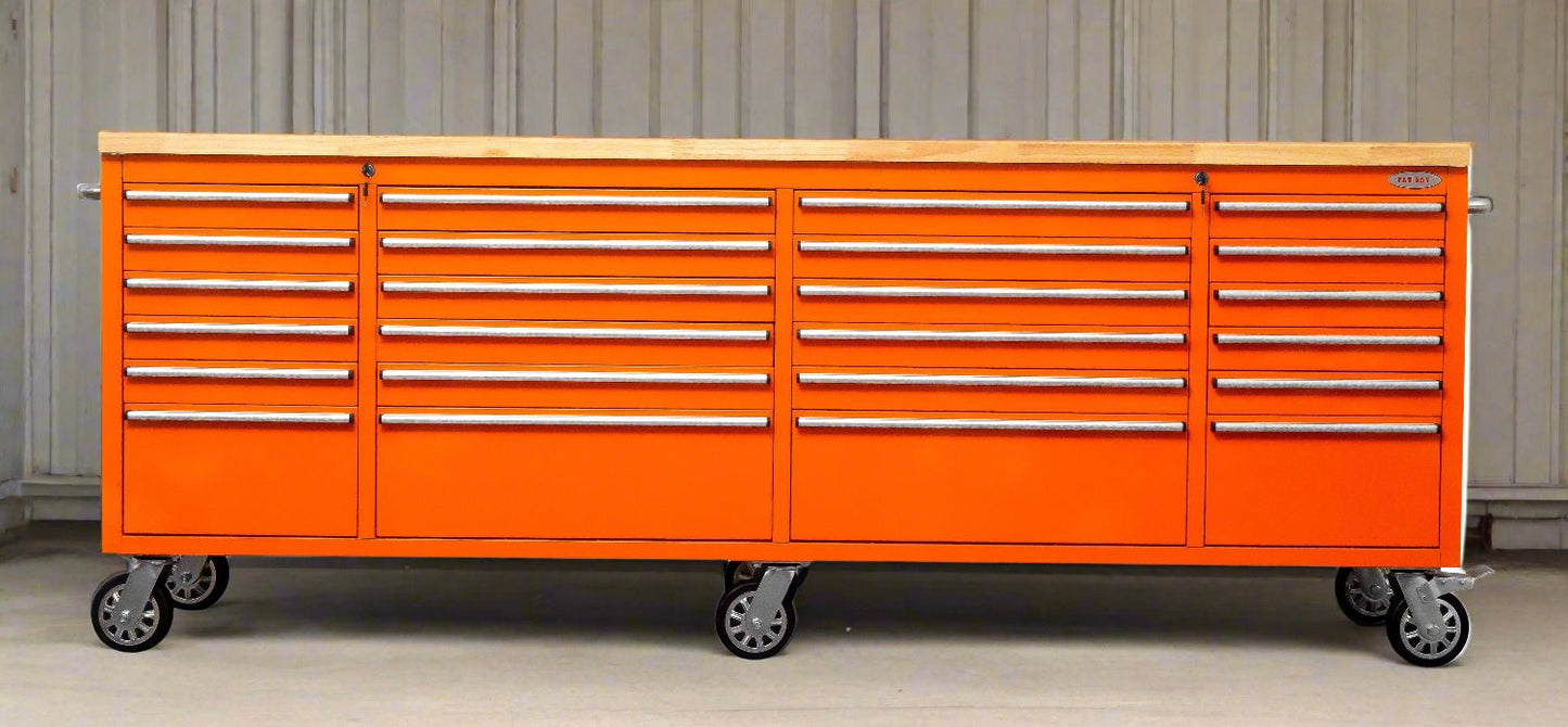 8FT Fatboy industrial tool bench with drawers and USB ports
Heavy-duty 24-drawer tool bench with stainless steel finish
Workshop organization tool bench with hardwood top
Mobile workbench with caster wheels and lockable drawers