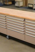 8FT Fatboy industrial tool bench with drawers and USB ports
Heavy-duty 24-drawer tool bench with stainless steel finish
Workshop organization tool bench with hardwood top
Mobile workbench with caster wheels and lockable drawers
