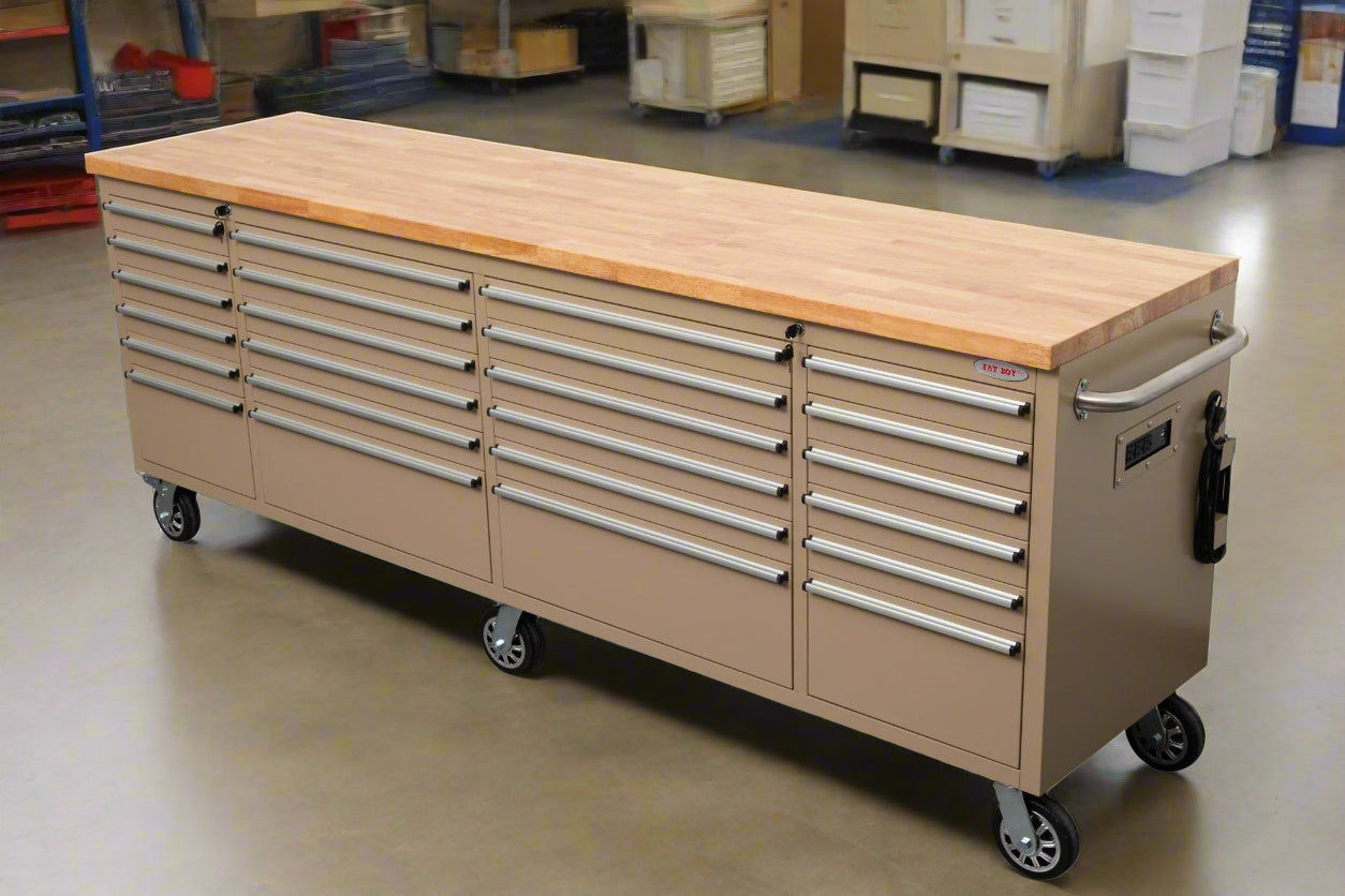 8FT Fatboy industrial tool bench with drawers and USB ports
Heavy-duty 24-drawer tool bench with stainless steel finish
Workshop organization tool bench with hardwood top
Mobile workbench with caster wheels and lockable drawers