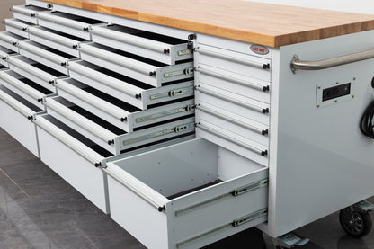 8FT Fatboy industrial tool bench with drawers and USB ports
Heavy-duty 24-drawer tool bench with stainless steel finish
Workshop organization tool bench with hardwood top
Mobile workbench with caster wheels and lockable drawers