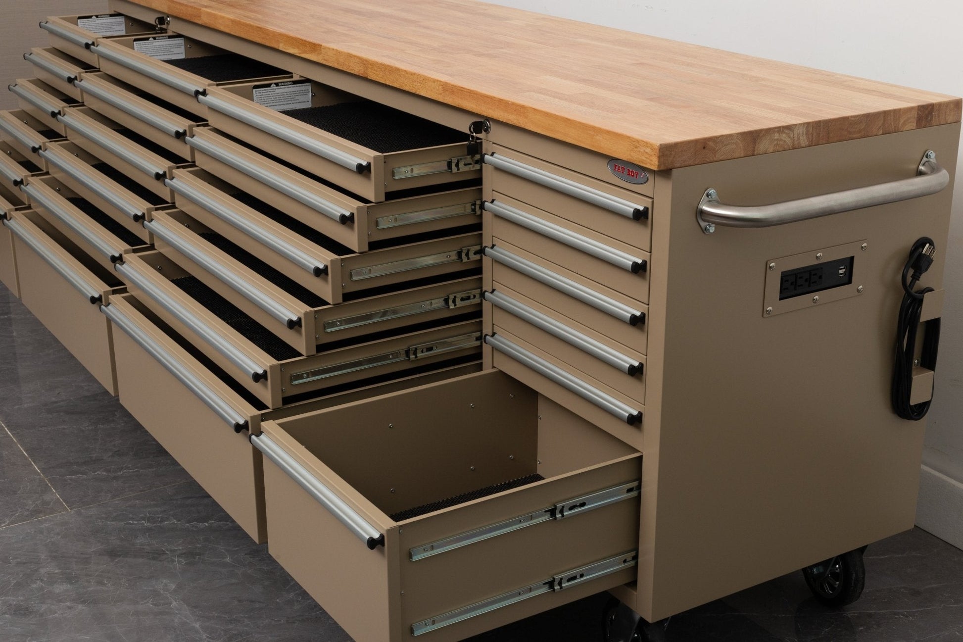 8FT Fatboy industrial tool bench with drawers and USB ports
Heavy-duty 24-drawer tool bench with stainless steel finish
Workshop organization tool bench with hardwood top
Mobile workbench with caster wheels and lockable drawers