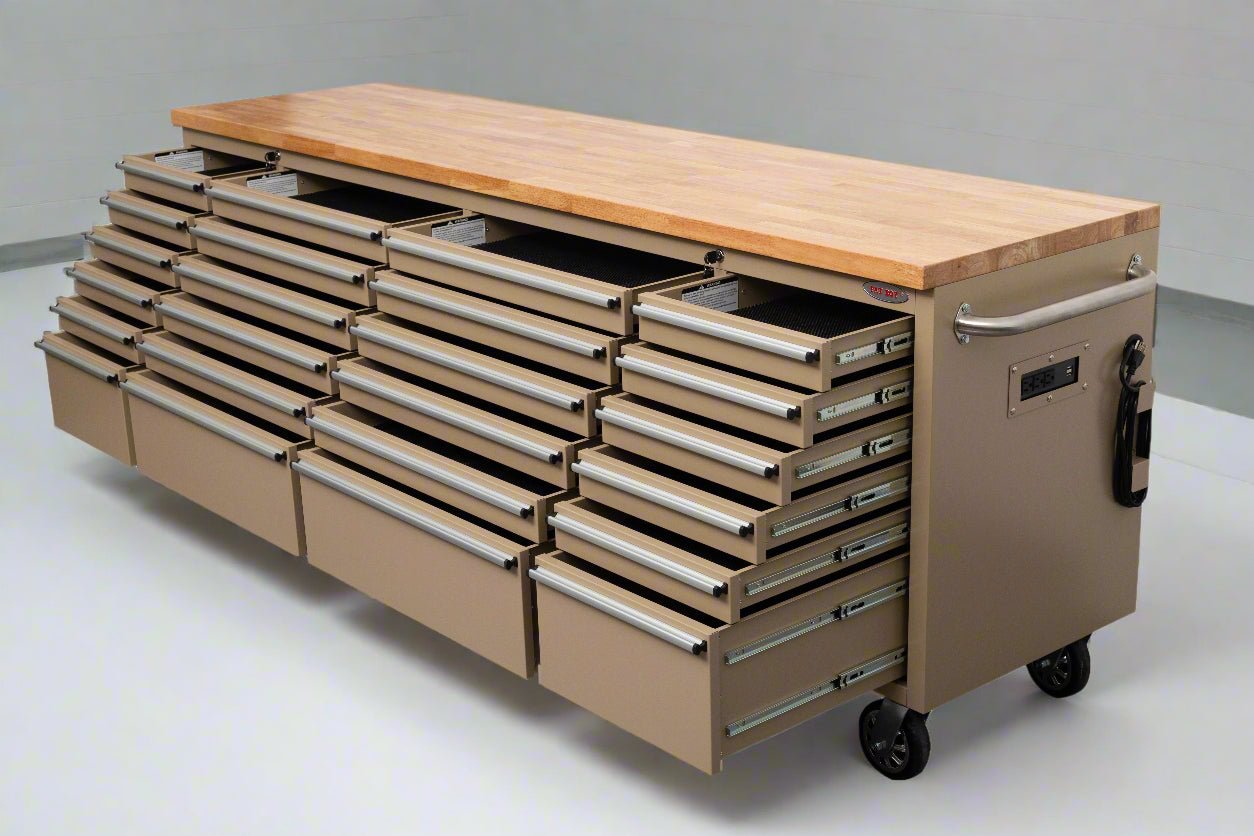8FT Fatboy industrial tool bench with drawers and USB ports
Heavy-duty 24-drawer tool bench with stainless steel finish
Workshop organization tool bench with hardwood top
Mobile workbench with caster wheels and lockable drawers