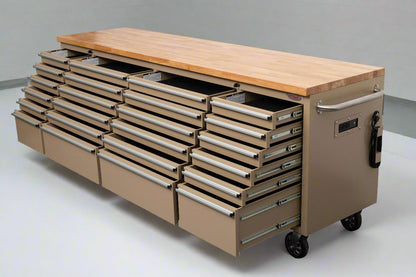 8FT Fatboy industrial tool bench with drawers and USB ports
Heavy-duty 24-drawer tool bench with stainless steel finish
Workshop organization tool bench with hardwood top
Mobile workbench with caster wheels and lockable drawers