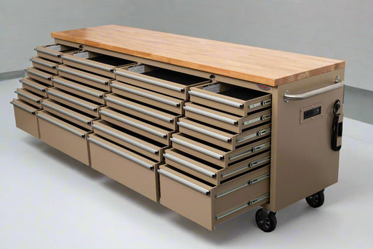 8FT Fatboy industrial tool bench with drawers and USB ports
Heavy-duty 24-drawer tool bench with stainless steel finish
Workshop organization tool bench with hardwood top
Mobile workbench with caster wheels and lockable drawers