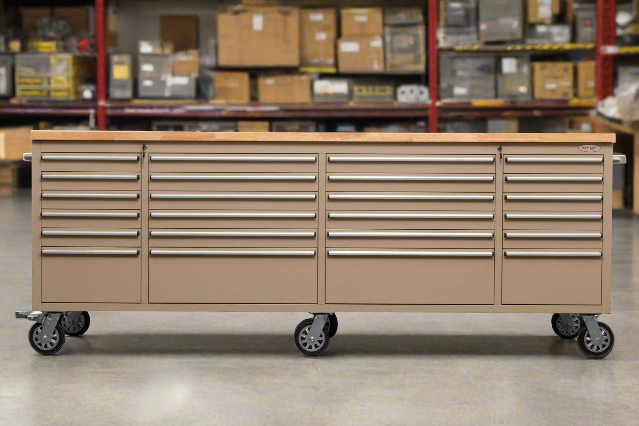 8FT Fatboy industrial tool bench with drawers and USB ports
Heavy-duty 24-drawer tool bench with stainless steel finish
Workshop organization tool bench with hardwood top
Mobile workbench with caster wheels and lockable drawers