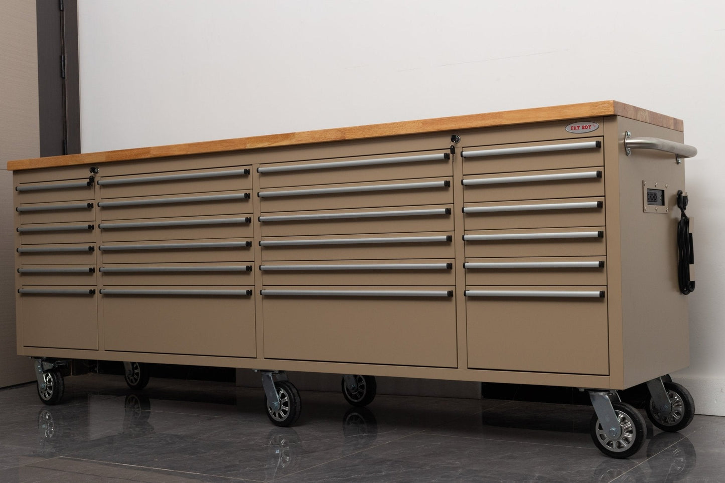 8FT Fatboy industrial tool bench with drawers and USB ports
Heavy-duty 24-drawer tool bench with stainless steel finish
Workshop organization tool bench with hardwood top
Mobile workbench with caster wheels and lockable drawers