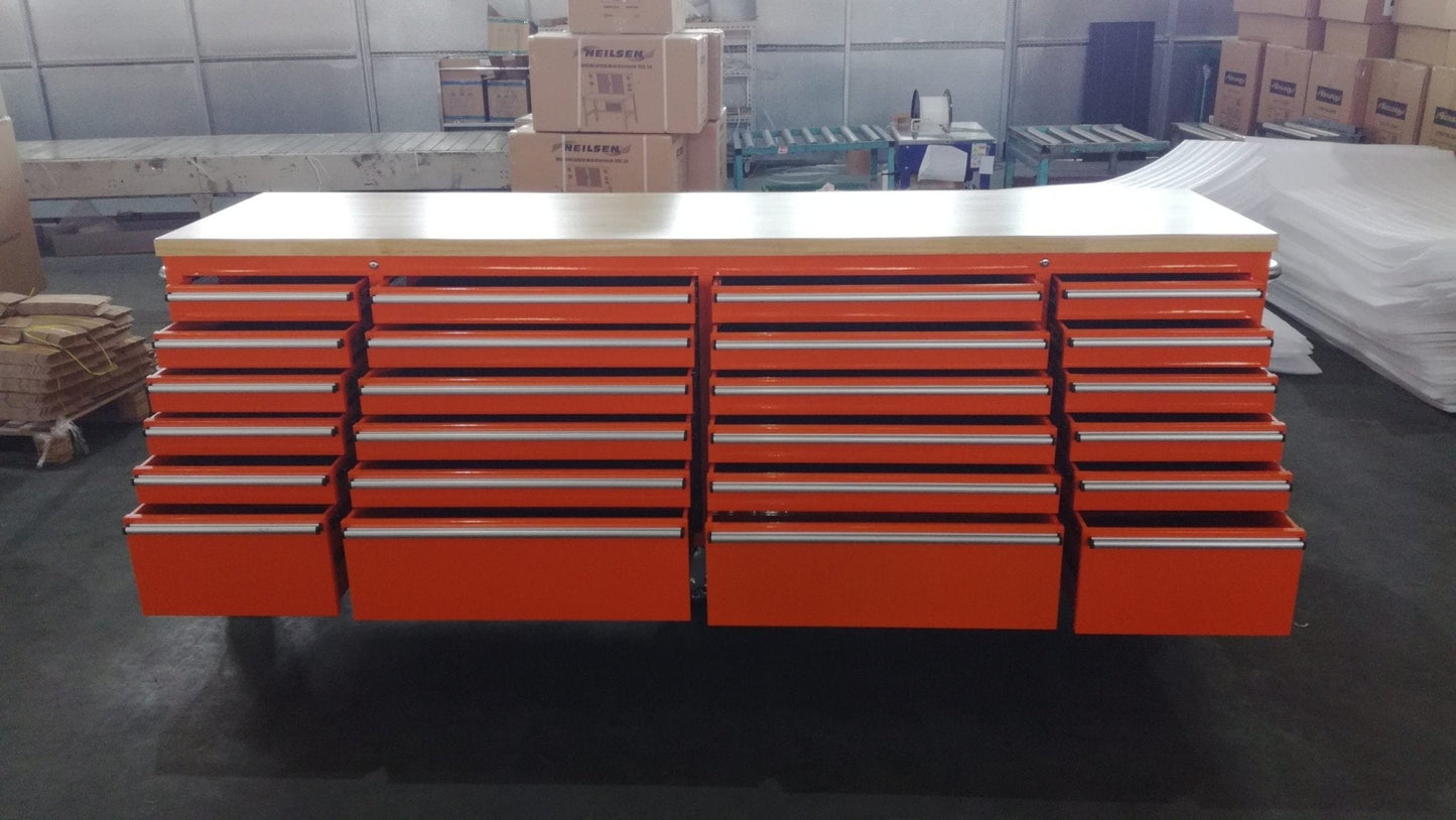 8FT Fatboy industrial tool bench with drawers and USB ports
Heavy-duty 24-drawer tool bench with stainless steel finish
Workshop organization tool bench with hardwood top
Mobile workbench with caster wheels and lockable drawers