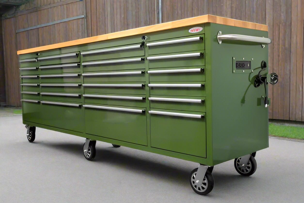8FT Fatboy industrial tool bench with drawers and USB ports
Heavy-duty 24-drawer tool bench with stainless steel finish
Workshop organization tool bench with hardwood top
Mobile workbench with caster wheels and lockable drawers