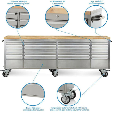 Close-up of smooth ball bearing drawer slides. Industrial stainless tool bench in workshop setup

