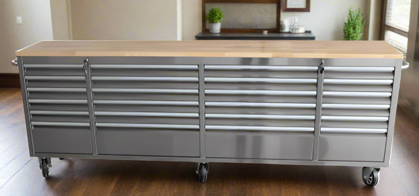 Front view of 8 FT stainless steel tool bench with 24 drawers