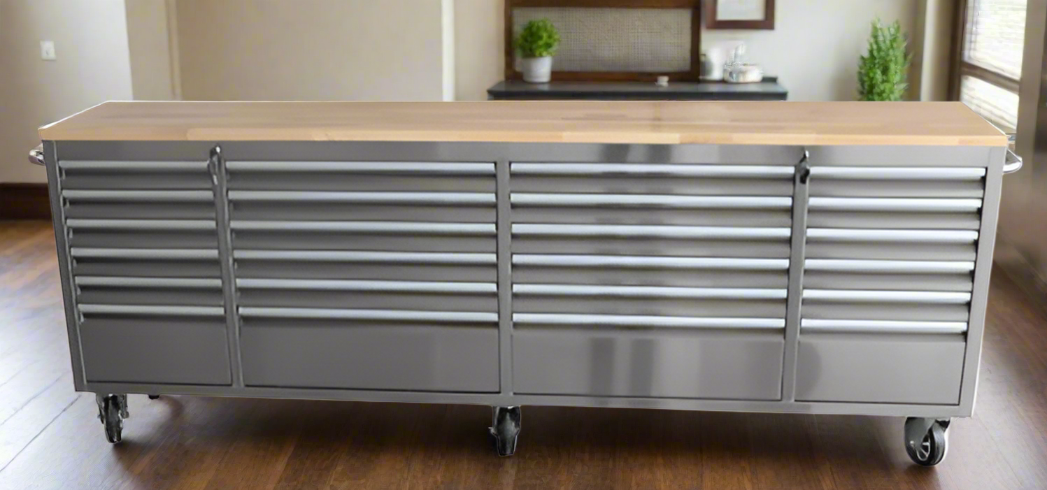 Front view of 8 FT stainless steel tool bench with 24 drawers