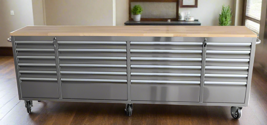 Front view of 8 FT stainless steel tool bench with 24 drawers