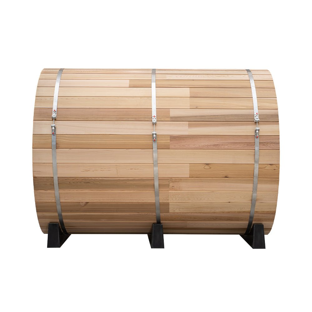 New 8 ft Barrel Sauna Kit with Porch Red Cedar Thermowood - with RED CEDAR 8 FT BARREL SAUNA KIT & PORCH | Sold by Uncle Wiener's Wholesale