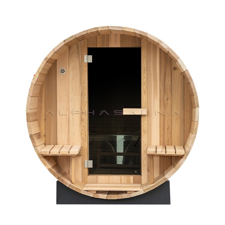 New 8 ft Barrel Sauna Kit with Porch Red Cedar Thermowood - with RED CEDAR 8 FT BARREL SAUNA KIT & PORCH | Sold by Uncle Wiener's Wholesale