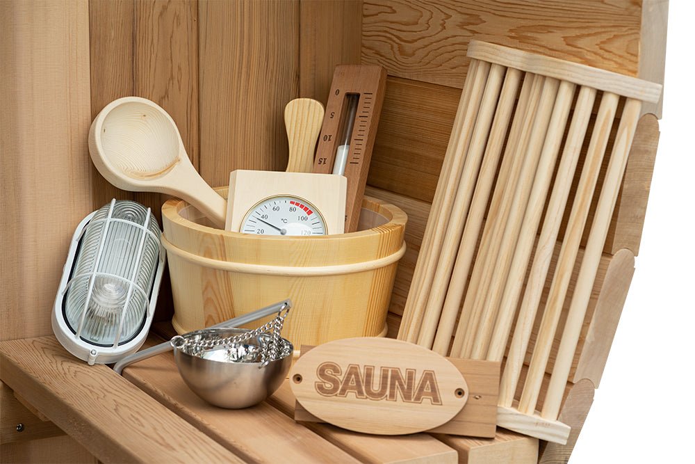 New 8 ft Barrel Sauna Kit with Porch Red Cedar Thermowood - with RED CEDAR 8 FT BARREL SAUNA KIT & PORCH | Sold by Uncle Wiener's Wholesale
