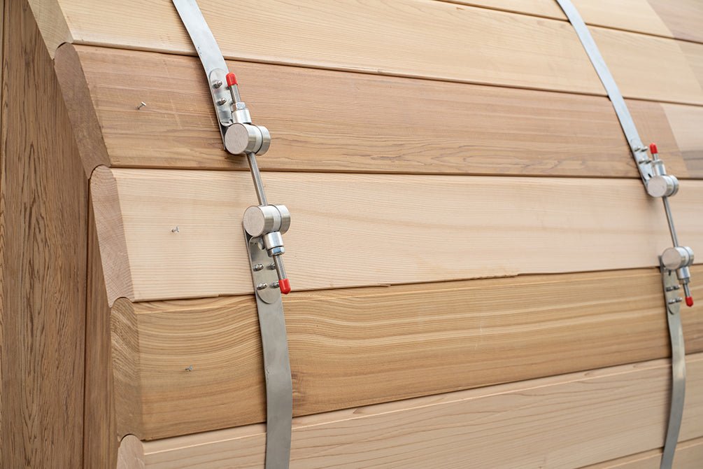 New 8 ft Barrel Sauna Kit with Porch Red Cedar Thermowood - with RED CEDAR 8 FT BARREL SAUNA KIT & PORCH | Sold by Uncle Wiener's Wholesale