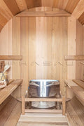 New 8 ft Barrel Sauna Kit with Porch Red Cedar Thermowood - with RED CEDAR 8 FT BARREL SAUNA KIT & PORCH | Sold by Uncle Wiener's Wholesale