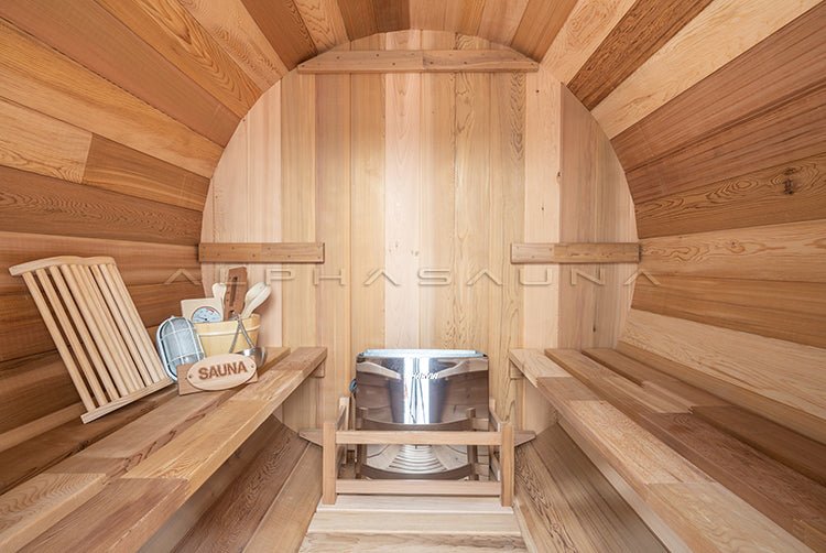 New 8 ft Barrel Sauna Kit with Porch Red Cedar Thermowood - with RED CEDAR 8 FT BARREL SAUNA KIT & PORCH | Sold by Uncle Wiener's Wholesale