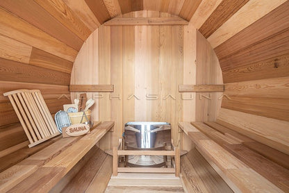 New 8 ft Barrel Sauna Kit with Porch Red Cedar Thermowood - with RED CEDAR 8 FT BARREL SAUNA KIT & PORCH | Sold by Uncle Wiener's Wholesale